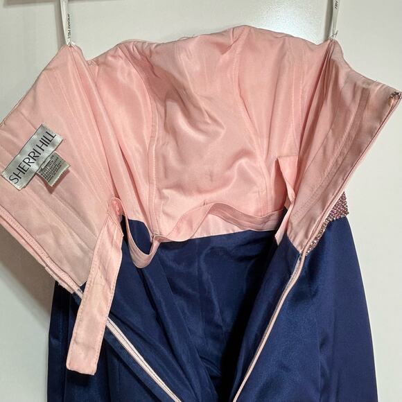 Sherri Hill Pink, Navy Empire Waist Strapless Mermaid Full Length Formal Gown 0 - Picture 12 of 16